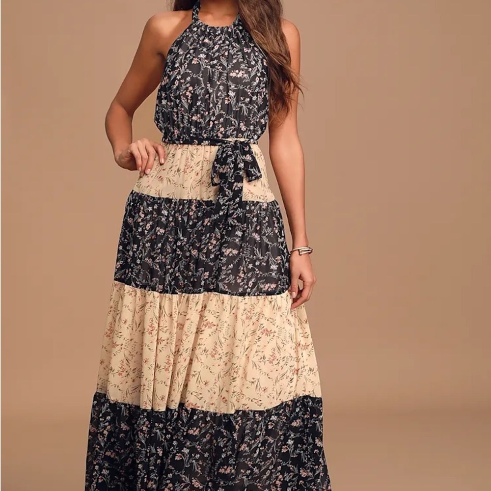 Lulus Mixed Message Black and Beige Floral Print Halter Maxi Dress
